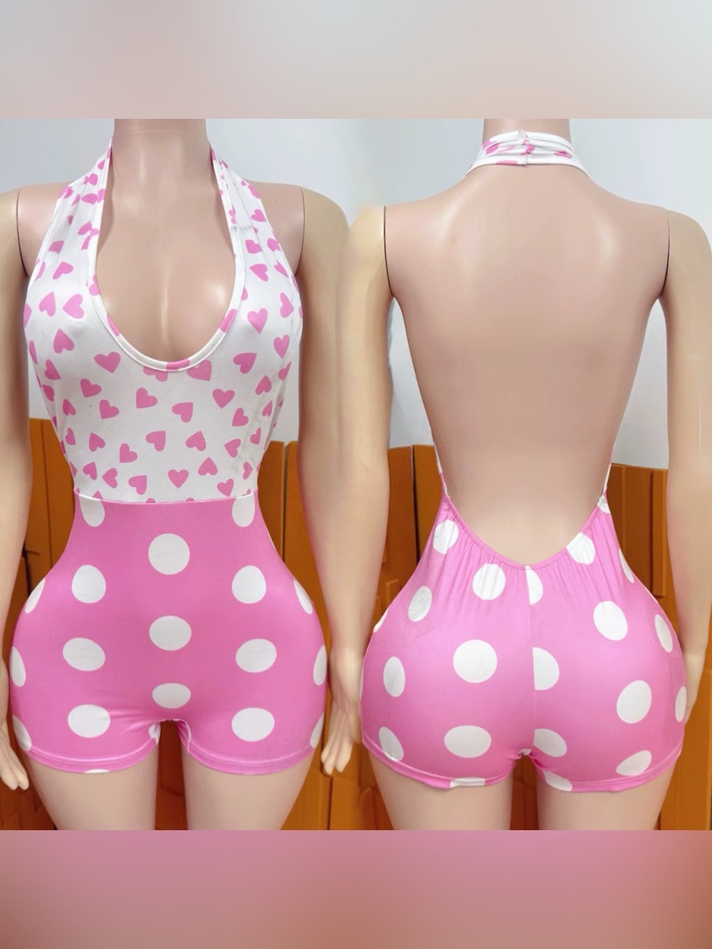 Pink Polka Dot & Heart Halter Romper shorts